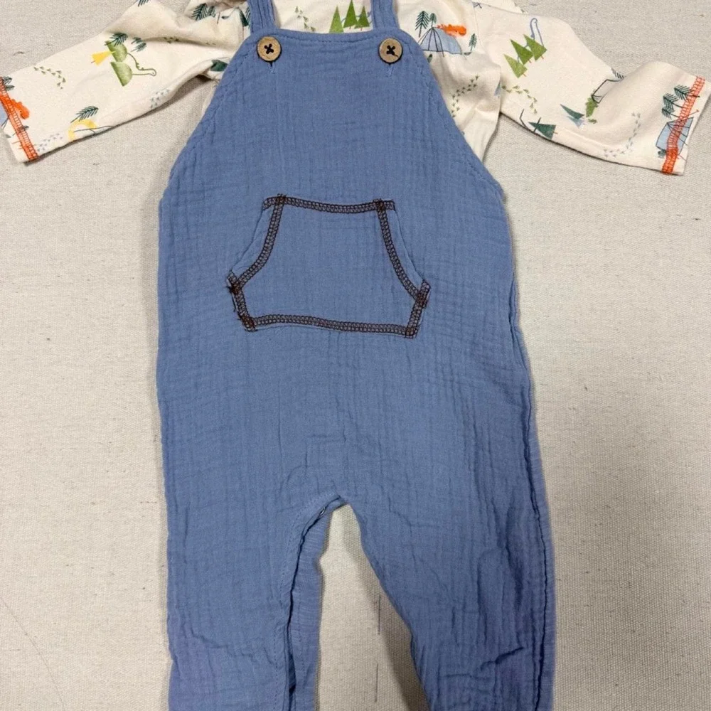Mud Pie Baby Boys Dinosaur Camping Tee and Blue Gauze Overalls Set 3-6M